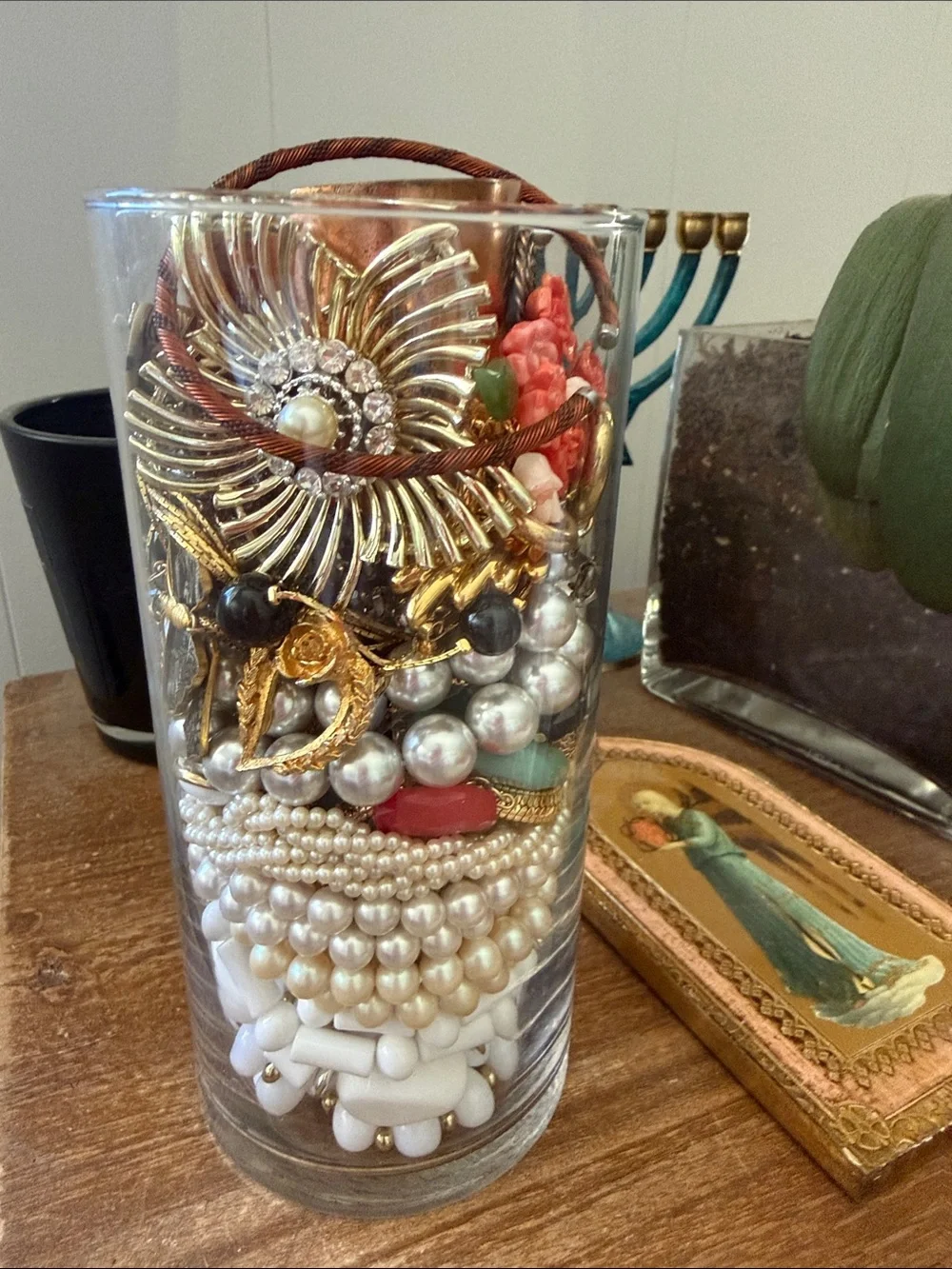 Vintage Romance Mystery Jewelry Jar – Pearls, Florals, Rhinestones & Golden Trea